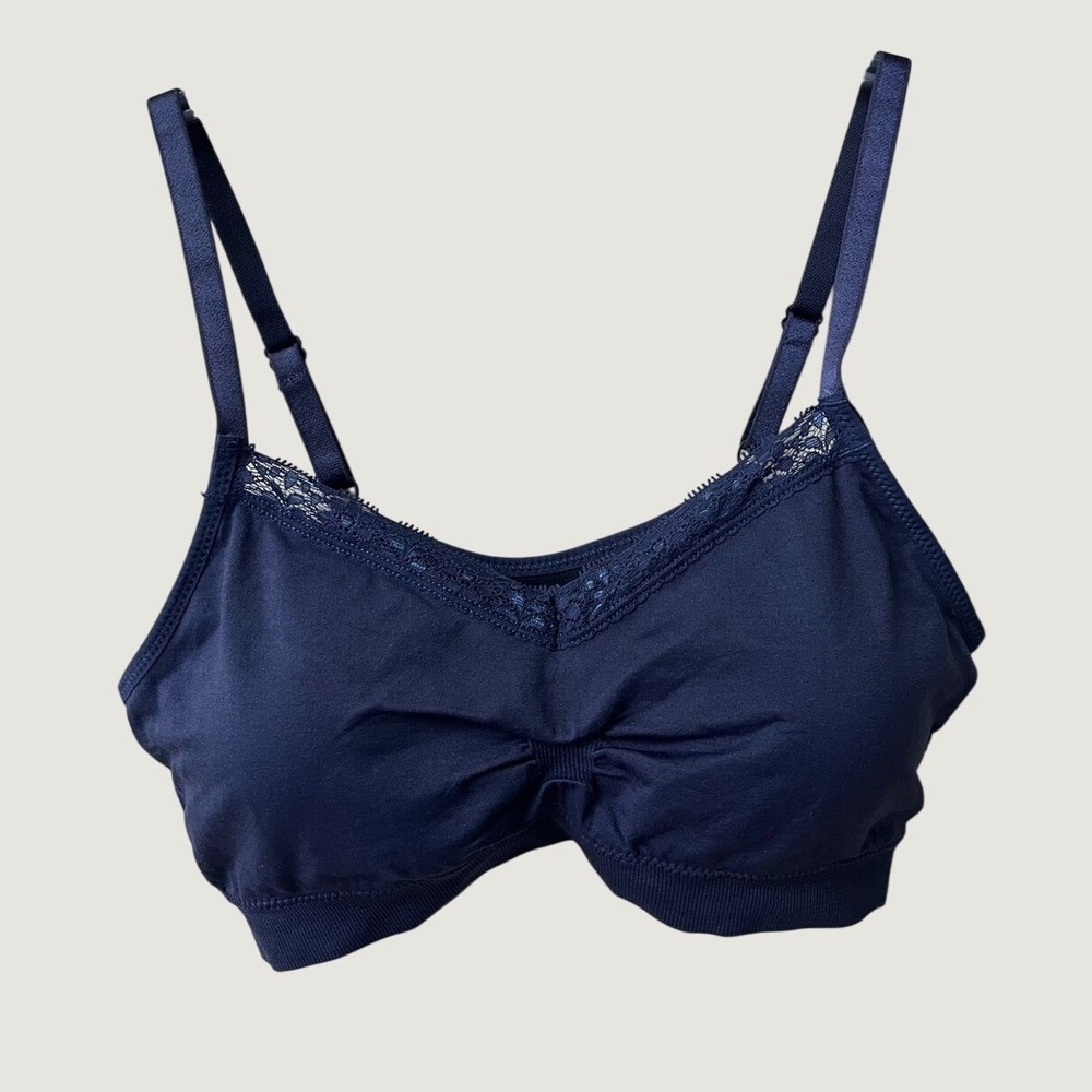 Coobie Full Size Seamless Comfort Bra Navy Blue Wireless Lace Trim Stretchy